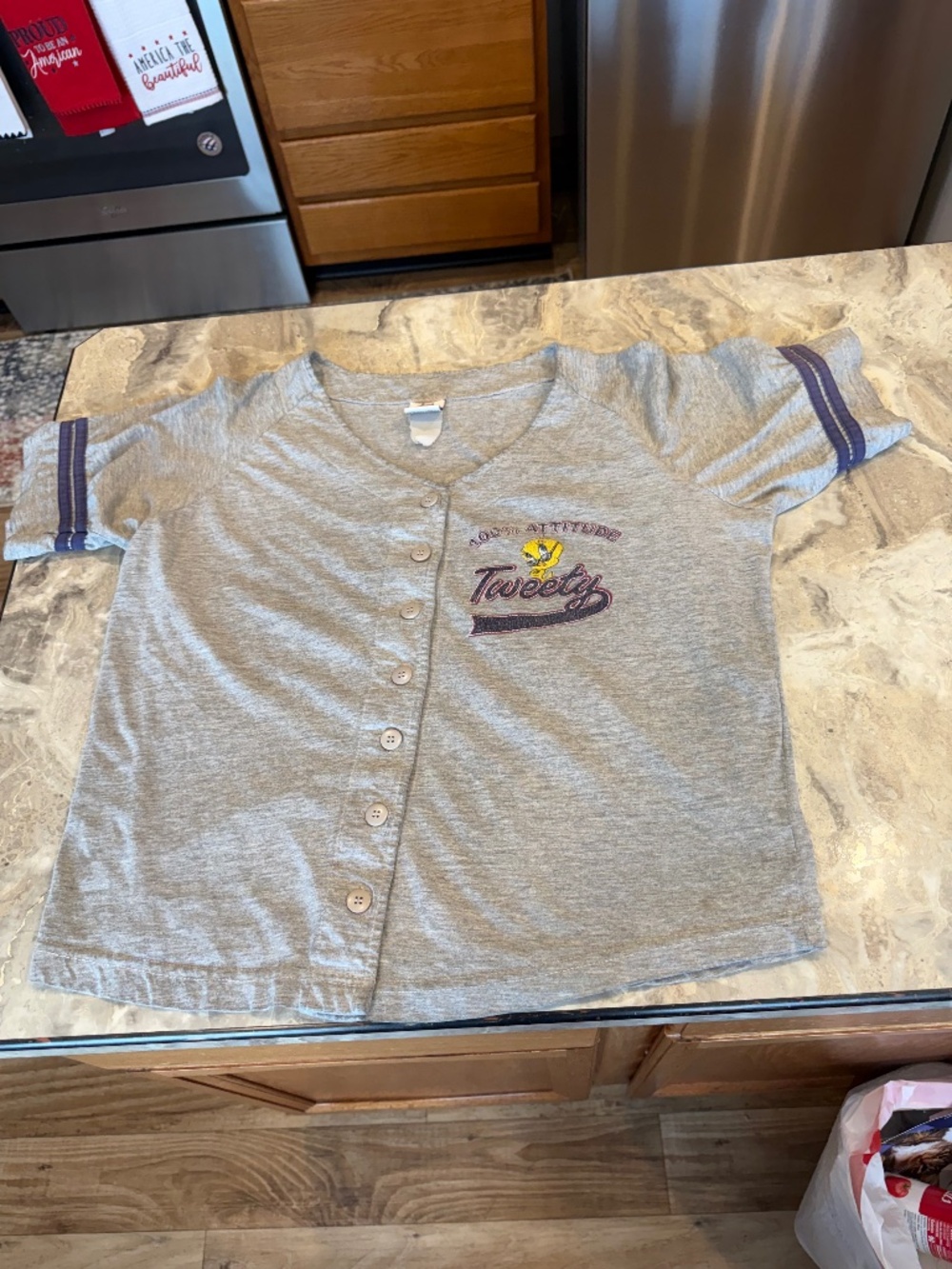 Looney Tunes Tweety top baseball jersey style, design on the front and the back